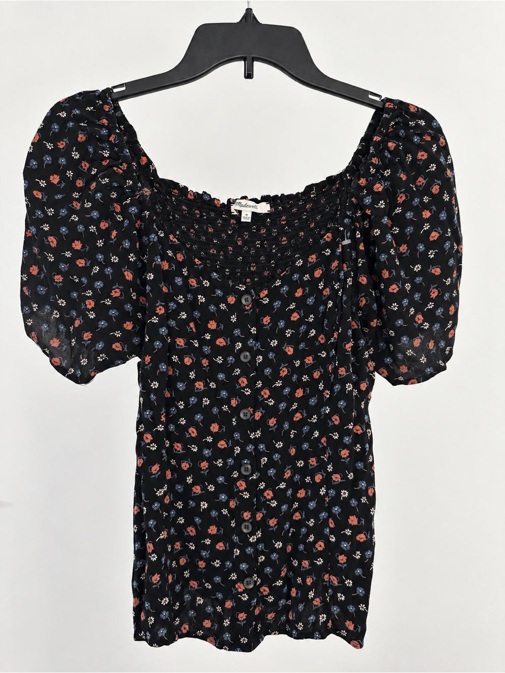 Madewell Black Floral Puff-Sleeve Square-Neck Blouse